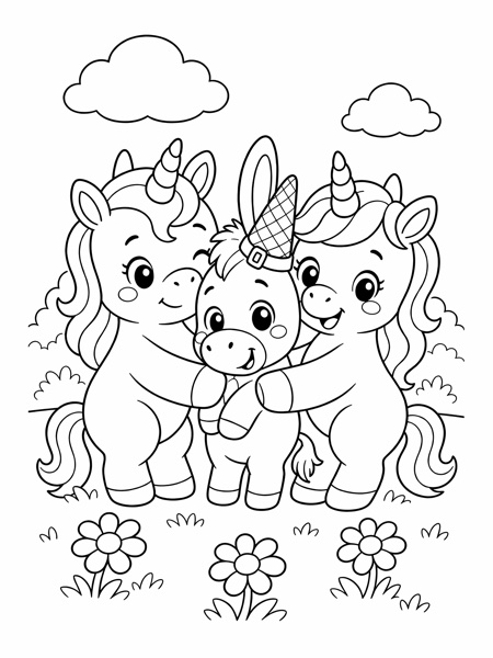 Free coloring page: donkey with a party horn at the unicorn party