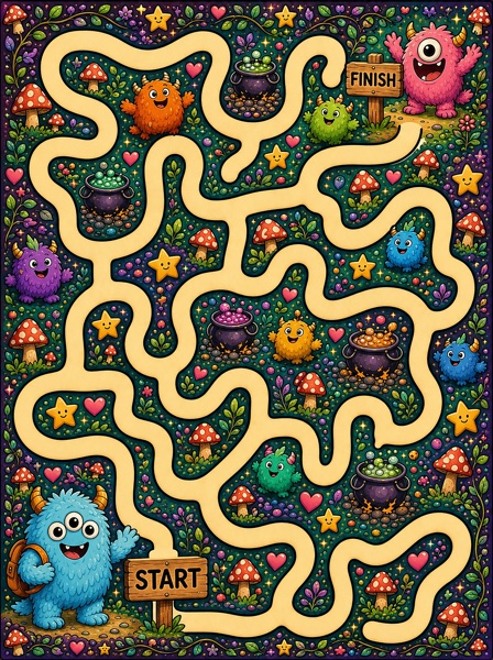 Free printable finger maze: little monster finding the way to its friend
