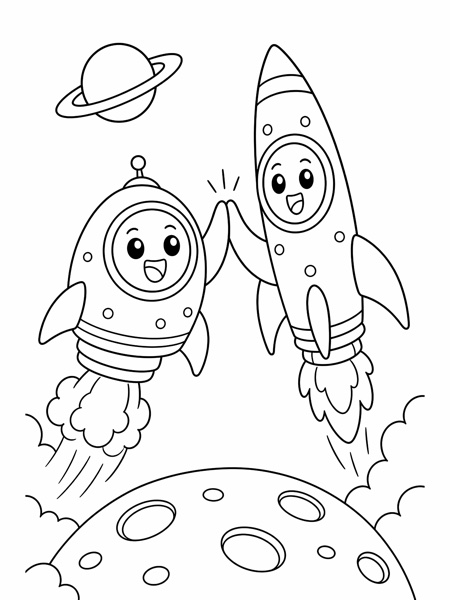 Free coloring page: two rockets giving a high five