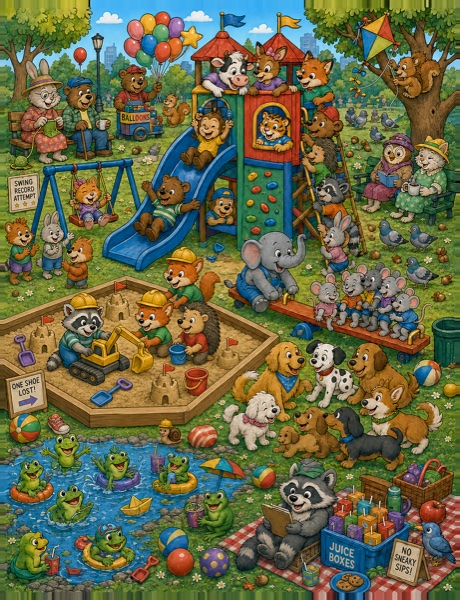 Free printable look and find pages: busy playground and pirate cove scenes with hidden objects