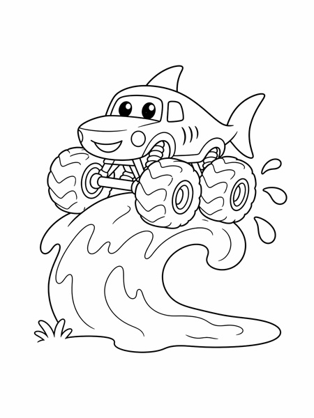 Free coloring page: shark monster truck surfing a wave